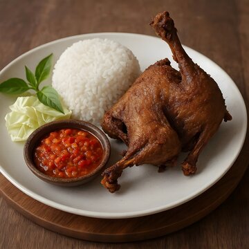 Crispy Indonesian Fried Duck (Bebek Goreng) Served with Steamed White Rice, Extremely Spicy Shrimp Paste Sambal (Sambal Terasi), Cabbage, and Fresh Basil Leaves
