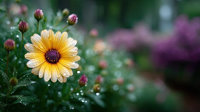 Macro Shot of Blooming Yellow Flower with Water Droplets in a Lush Green Garden with Purple Flowers Soft Background - Powered by Adobe