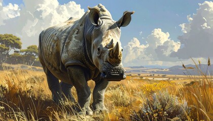 Fototapeta premium Majestic rhino in a golden savanna landscape