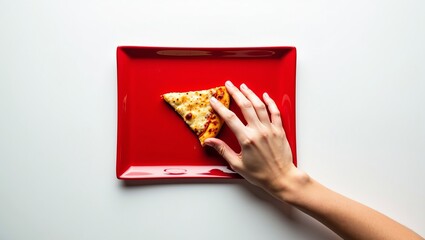 Temptation and craving concept with a hand reaching for the last slice of cheese pizza on a minimalist red plate.