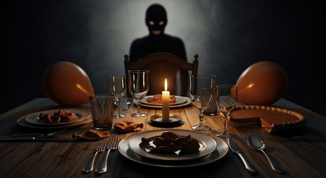 Eerie dinner table setting with a lit candle, deflated balloons, and a mysterious masked figure with glowing eyes in the dark background, creating a suspenseful and unsettling atmosphere.