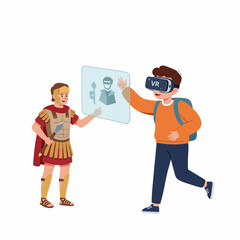 Modern Man in VR Headset Interacting with Ancient Roman Character Illustration