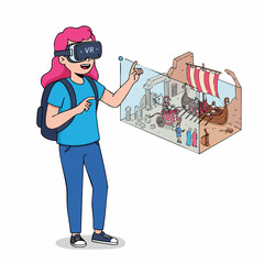 Flat Illustration Young Woman Experiencing Virtual Reality Adventure with Headset