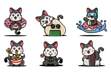 Cute husky cartoon mascot with food and fun activities, kawaii animal vector set