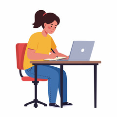 Flat Style Studying Young Woman at Desk with Laptop Illustration