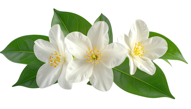 Three delicate white jasmine flowers with vibrant green leaves, arranged horizontally against a black background.  The flowers' petals are soft and layered, and the stamens are a noticeable yellow