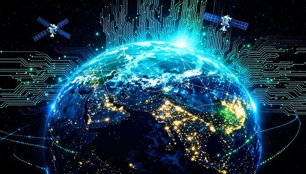 Glowing Earth Connecting with Satellites and Circuitry in Space - Powered by Adobe