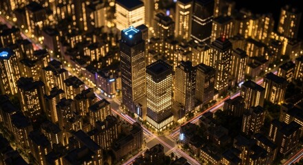 Aerial Night View of Modern Cityscape with Tall Illuminated Skyscrapers and Bright Streets