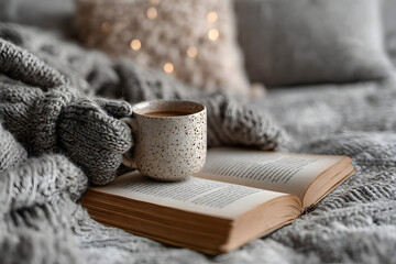 Woman enjoying cozy moment reading book and drinking coffee