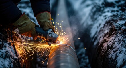 Close-up of a worker's hands in protective gloves using an angle grinder to cut or smooth a metal pipe outdoors, creating a shower of bright sparks during construction work in a cold environment.