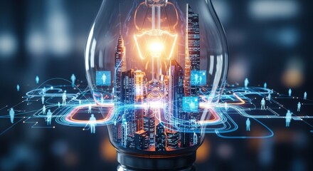 Futuristic Light Bulb with Digital Cityscape and Technology Network