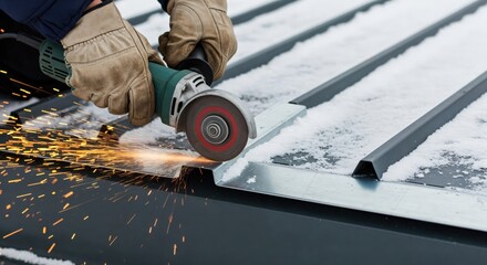 Professional worker in protective gloves using an angle grinder to cut metal roofing sheets on a snow-covered roof, generating bright sparks during winter construction.