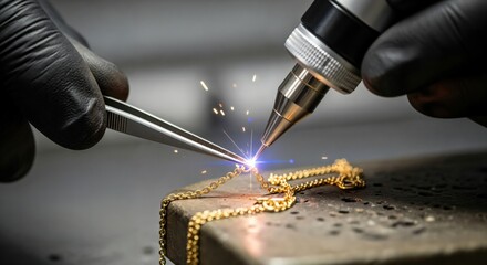 Professional jeweler meticulously repairing a fine gold chain with a modern laser welding tool, creating sparks and light, showcasing craftsmanship and precision.