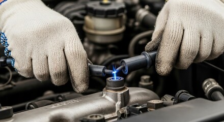 Obraz premium Professional auto mechanic's gloved hands performing engine maintenance, checking a spark plug with a visible electric spark during vehicle repair.