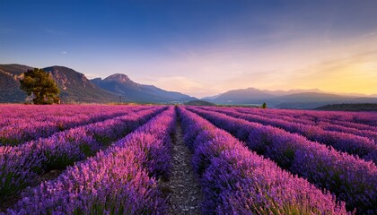 Obraz premium Endless Rows Of Vibrant Lavender Stretch Towards Distant Mountains In A Serene Landscape At Twilight Offering A
