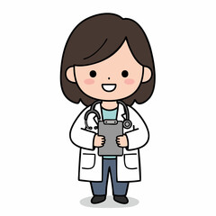Cartoon Handdrawn Full Body Female Doctor Character with Clipboard Illustration