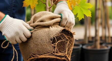 Close-up of gloved hands preparing a young tree sapling with exposed roots wrapped in burlap for planting in a garden nursery