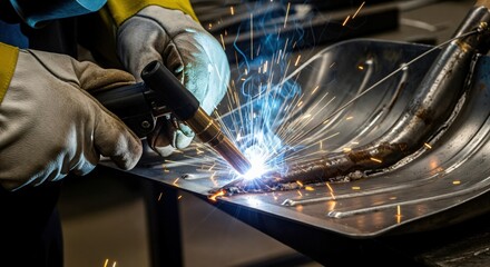 Close-up of a skilled worker wearing protective gloves, performing metal welding with a torch, creating bright sparks in a workshop environment.