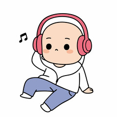 Cute Cartoon Character Listening to Music with Headphone Illustration