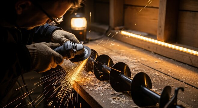 Adult man in protective glasses and gloves using an angle grinder to sharpen a large metal auger bit, creating bright sparks in a dimly lit workshop. - Powered by Adobe