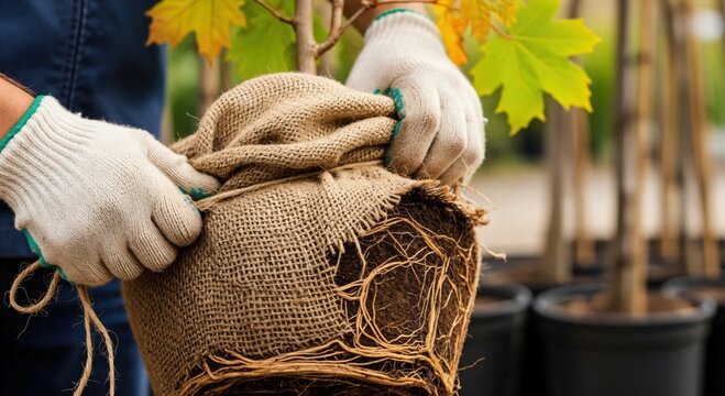 Close-up of gloved hands preparing a young tree sapling with exposed roots wrapped in burlap for planting in a garden nursery