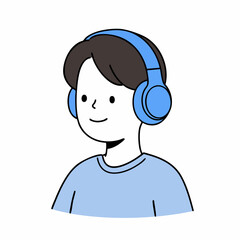 Simple Lineart Young Man with Headphones Listening Music Illustration