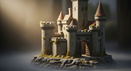 Miniature Stone Castle Model with Towers and Gate on Rock Base in Outdoor Setting