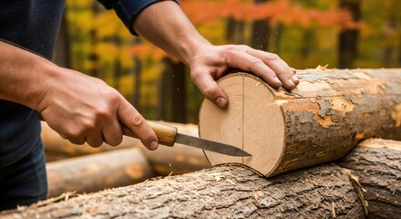 Close-up of adult male hands using a sharp knife to carve and shape a wooden log outdoors in a forest setting.