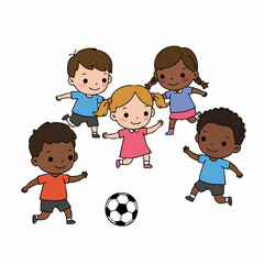 Cute Cartoon Style Children Playing Football Soccer Ball Illustration