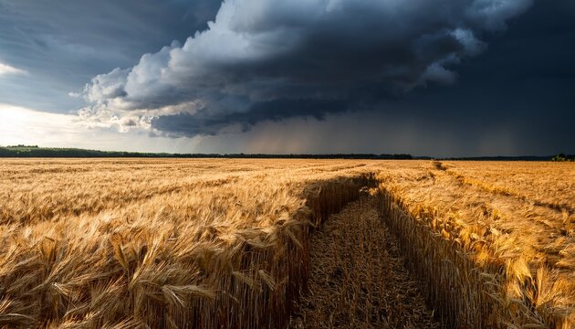 Field Of Rye Under Dark Stormy Sky