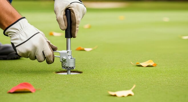 Close-up of groundskeeper's gloved hands performing maintenance on a golf course putting green with autumn leaves scattered around the hole. - Powered by Adobe