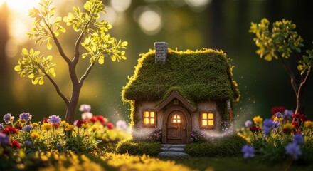 Whimsical Fairy Tale House Surrounded by Colorful Flowers and Trees in Sunset Light