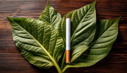 Obraz premium Cigarette Placed On Raw Tobacco Leaves With A Textured Background