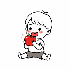 Cute Handdrawn Cartoon Boy Eating Fresh Red Apple Illustration