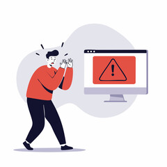 Flat Illustration Man Scared Looking at Computer Screen with Alert