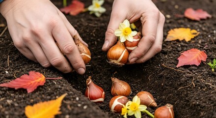 Close-up of hands planting spring flower bulbs, like tulips and daffodils, into dark garden soil, surrounded by colorful autumn leaves, preparing for vibrant spring blooms.