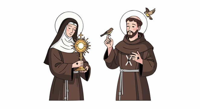 Saint clare of assisi holding the monstrance with the eucharist and saint francis of assisi with a bird on his finger, isolated on white background