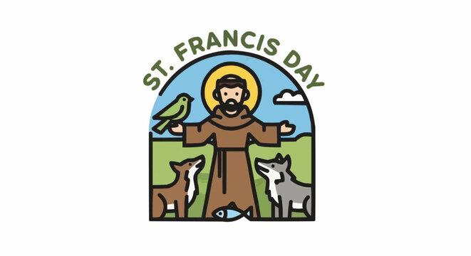 St francis day illustration featuring saint francis of assisi with animals and nature, isolated on white background