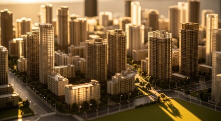 Miniature Model of Modern Urban City Skyline with Tall Skyscrapers and Green Streets