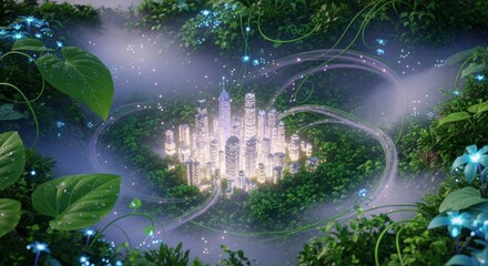 Futuristic Cityscape with Tall Illuminated Buildings Surrounded by Lush Green Forest and Glowing Light Trails