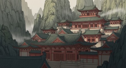 Ancient Traditional Chinese Palace Complex Surrounded by Mountainous Landscape