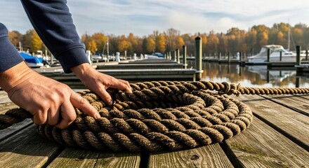 Close-up of male hands coiling a thick brown rope on a weathered wooden dock at a marina with boats...