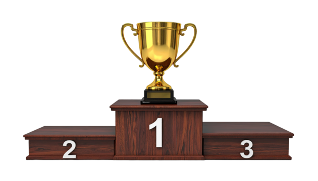Gold trophy on a wooden podium - Powered by Adobe