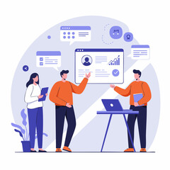 Flat Style Detailed Illustration of a Business Team Discussing Data