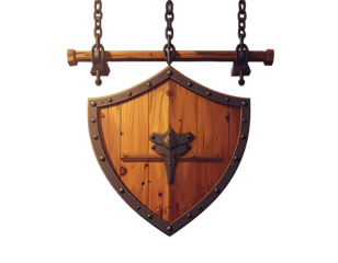 Wooden shield sign, hanging by chains