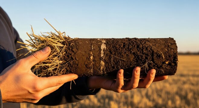 Farmer's hands holding a healthy soil core sample with straw in an agricultural field at sunset, showcasing soil health