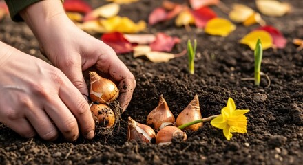hands planting bulbs of tulips, gardening concept
