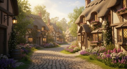 Charming Cottages Village Scene with Cobblestone Street and Flower Gardens in Warm Sunset Light