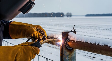 Professional welder working outdoors in a snowy winter landscape, joining metal pipes with bright sparks flying
