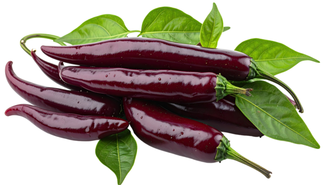 Deep purple chili peppers clustered with vibrant green leaves